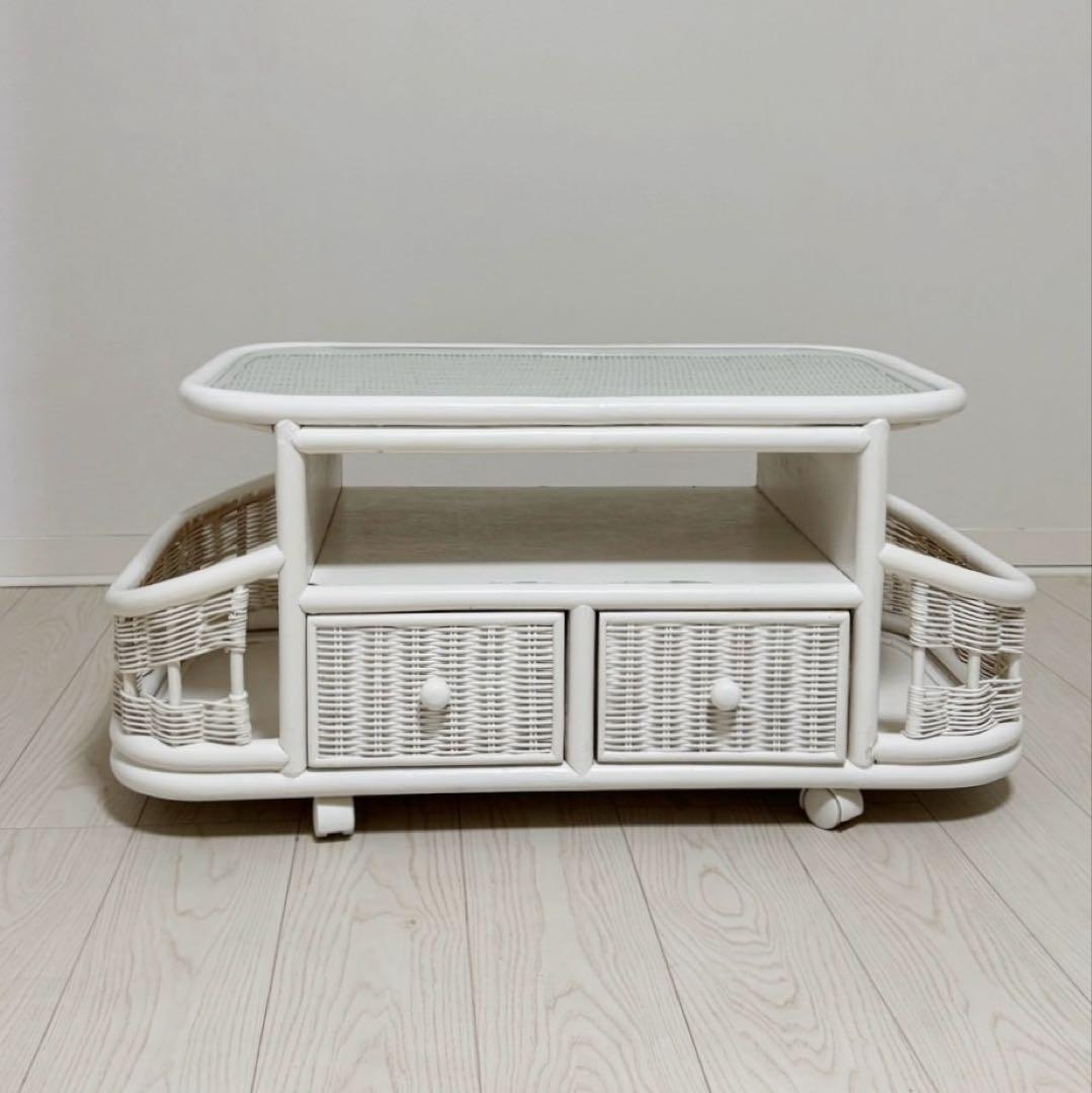 ホワイトラタンアンティークガラスローセンターテーブル